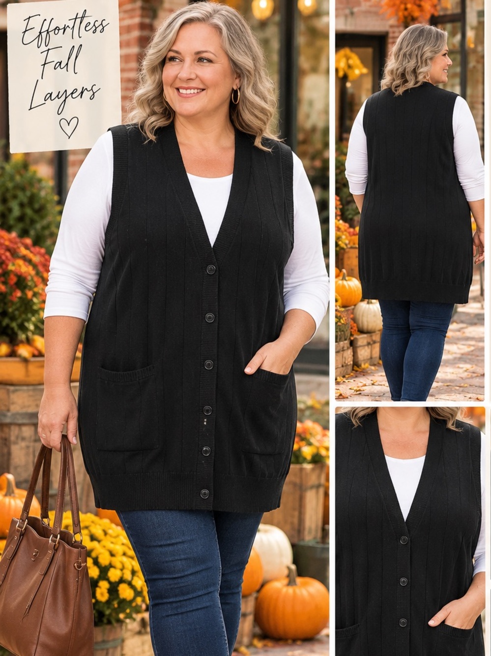 Roaman's Black Button-Front Knit Sweater Vest